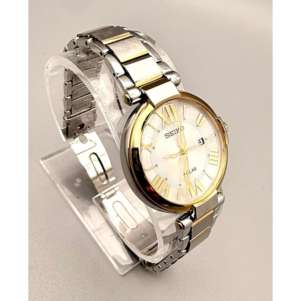 Seiko Solar Women's Two Tone Watch V117-0CF0 Roman Numeral Date Bracelet - Picture 4 of 11